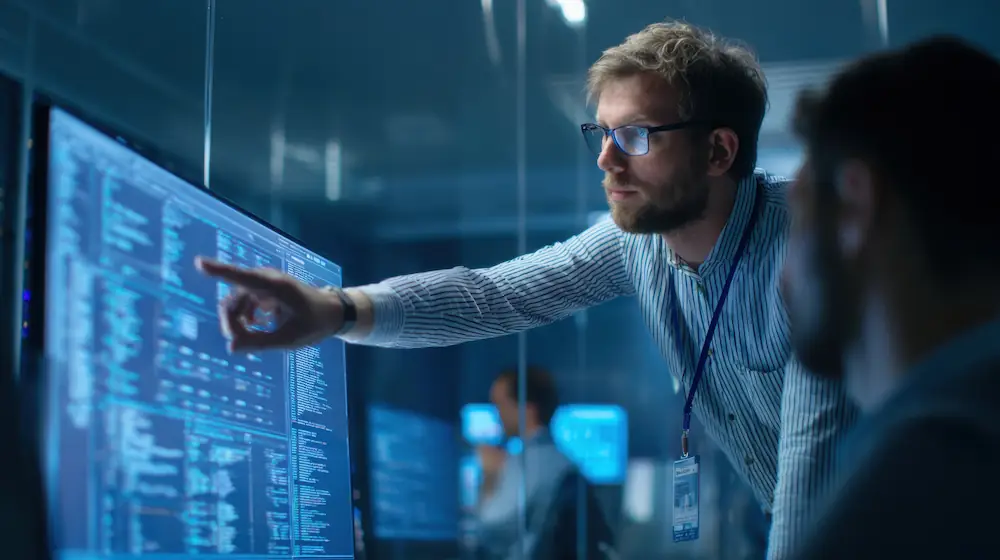 Développeur pointant un écran affichant du code source dans un centre de données moderne, illustrant l'analyse et le développement logiciel.