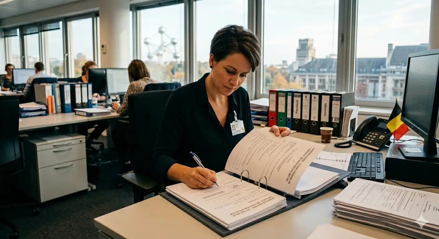 Femme professionnelle en costume noir travaillant à son bureau dans un bureau moderne avec vue sur la ville, documents et dossiers organisés.