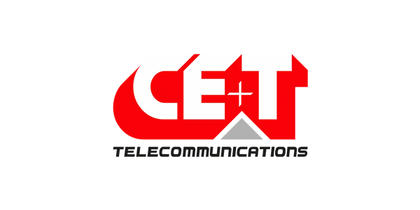 Logo CET Telecommunications avec lettre stylisée en rouge et texte noir.