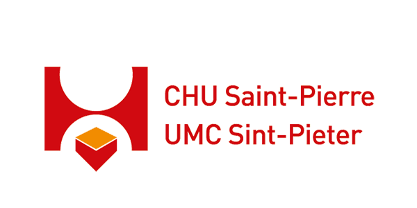 Logo CHU Saint-Pierre UMC Sint-Pieter, hôpital universitaire à Bruxelles avec symbole médical rouge et jaune