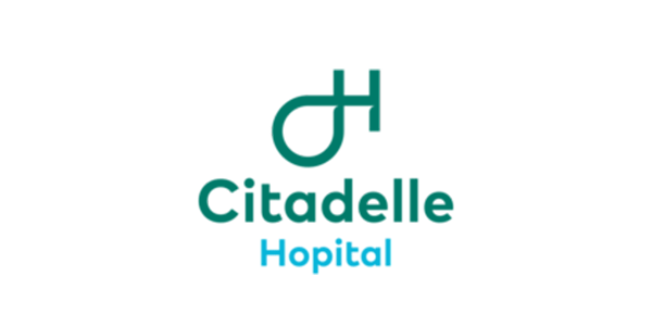 Logo Citadelle Hopital avec symbole médical stylisé en teal et texte bleu cyan