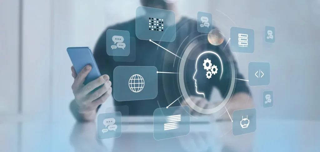 Interface numérique montrant une tête avec engrenages entourée d'icônes de communication, codage et technologie AI sur smartphone.