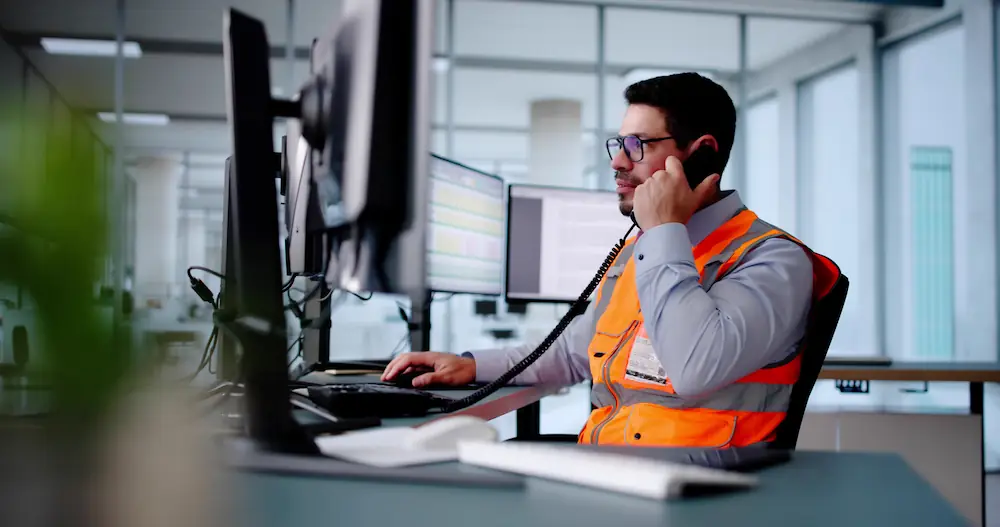 Ingénieur en gilet de sécurité orange travaillant sur ordinateur dans un bureau moderne, parlant au téléphone.
