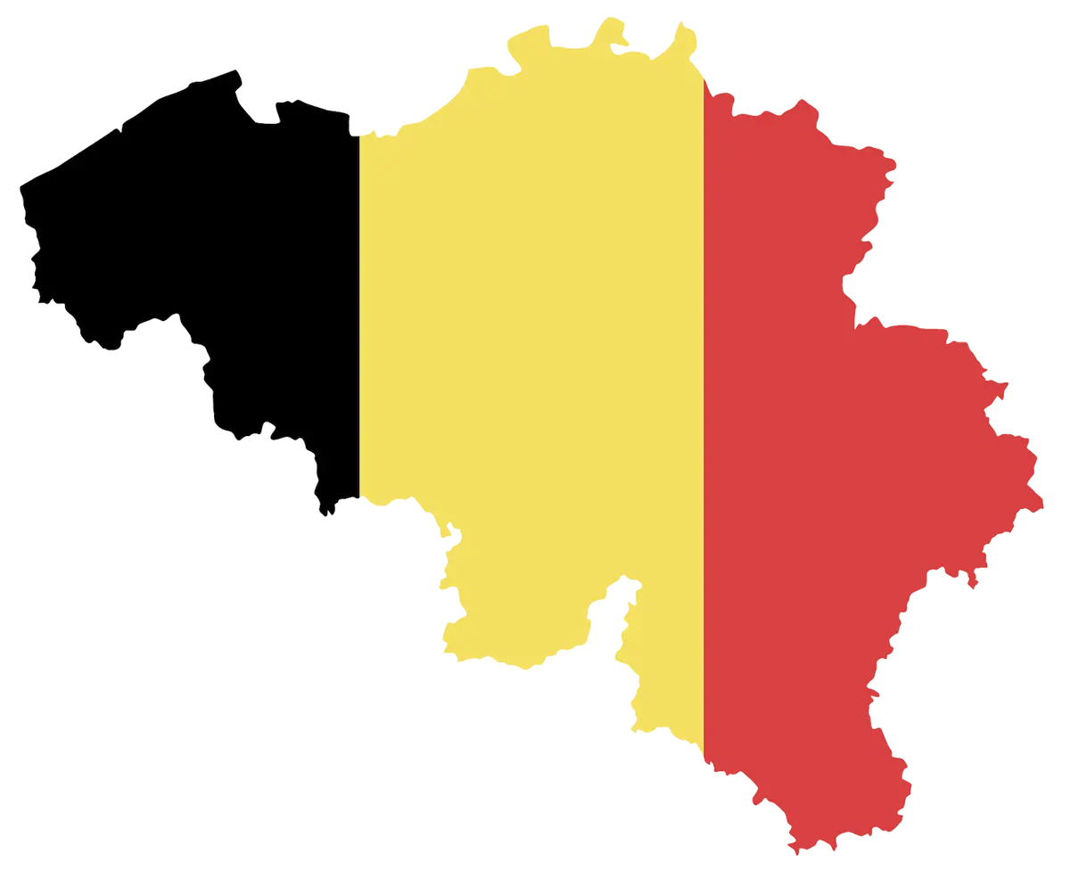 Carte de la Belgique avec les trois régions : Flandre en noir, Wallonie en rouge et Bruxelles en jaune.