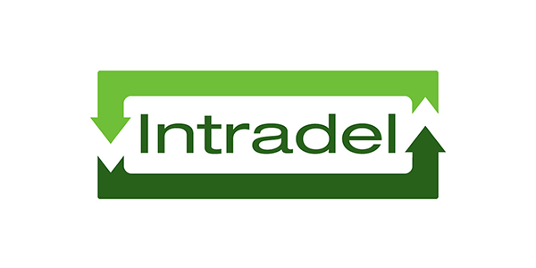 Logo Intradel avec flèches bidirectionnelles vertes symbolisant l'échange et la gestion des déchets en Belgique.