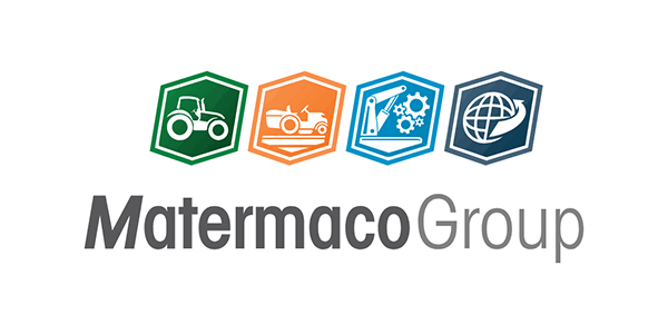 Logo Matermaco Group avec icônes agricoles et industrielles représentant tracteur, machinerie, engrenages et commerce global.
