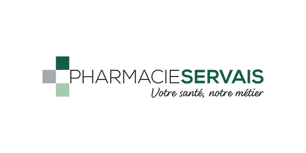 Logo de Pharmacie Servais avec le slogan Votre santé, notre métier et des carrés colorés représentant le secteur pharmaceutique.