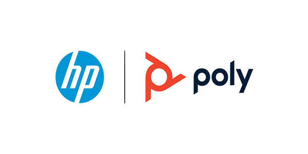 Logo HP et Poly côte à côte, partenariat entre Hewlett Packard et Polycom pour solutions de communication unifiée professionnelles.