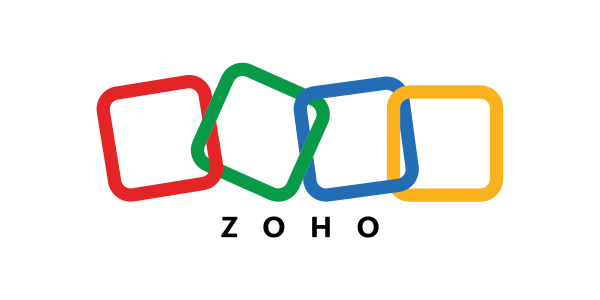 Logo Zoho avec quatre carrés colorés imbriqués en rouge, vert, bleu et jaune représentant l'intégration des services.